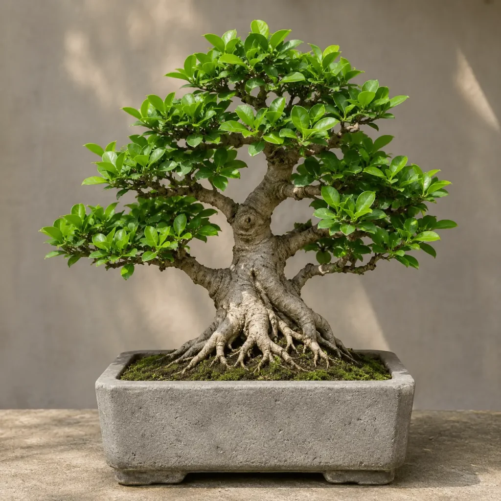 ficus bonsai tree in cemented pot